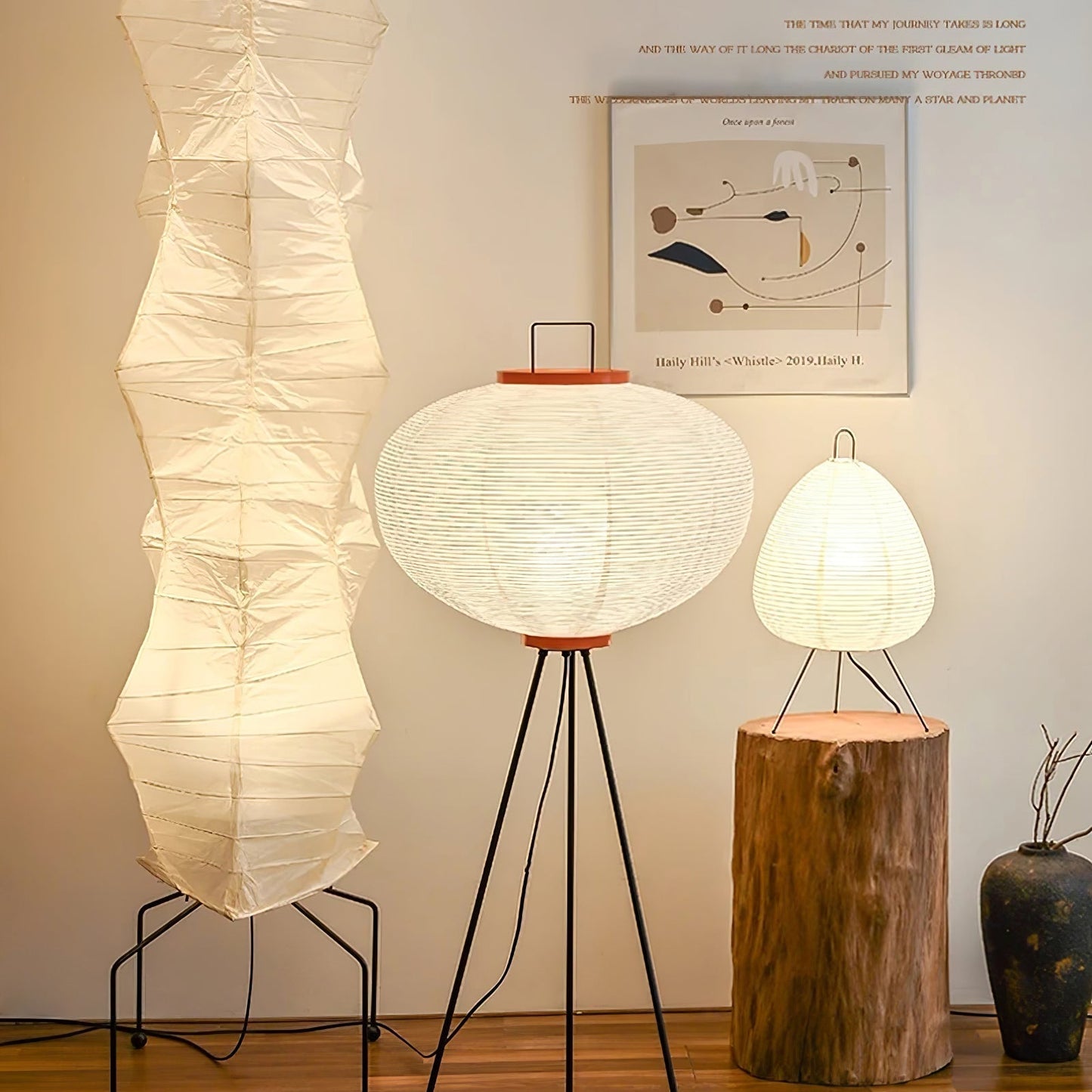 "Minimalist rice paper floor lamp with sleek metal frame and soft diffused light, perfect for creating a warm ambiance."