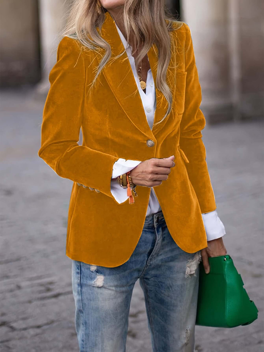Women's Green Velvet Blazer with Golden Buttons
