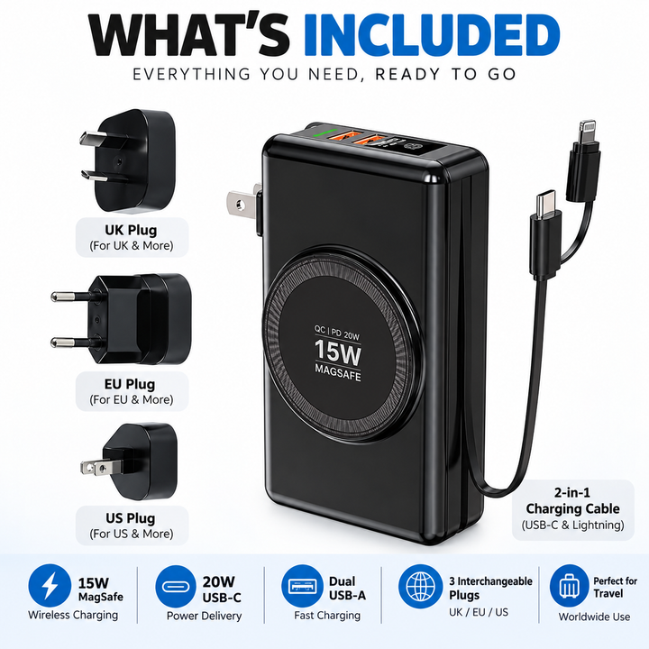 Universal Power Bank with Built-in Cables & 20W Fast Charging