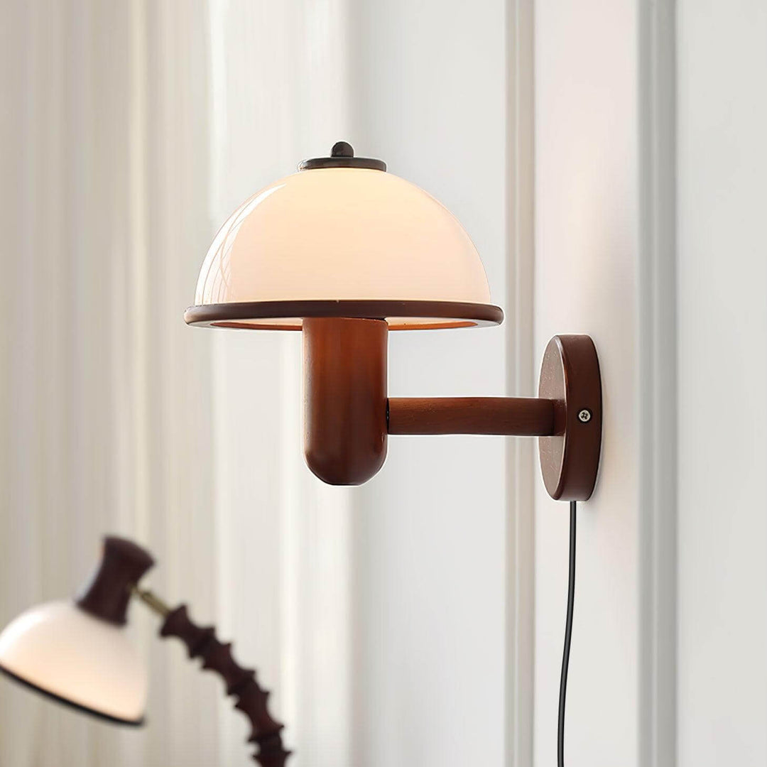 Oak Wood Mushroom Wall Light with White Shade