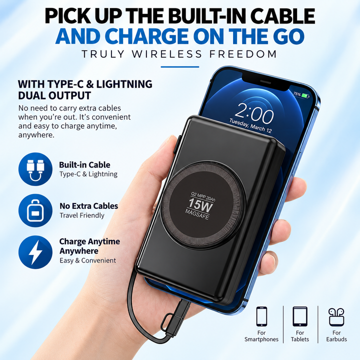 Universal Power Bank with Built-in Cables & 20W Fast Charging