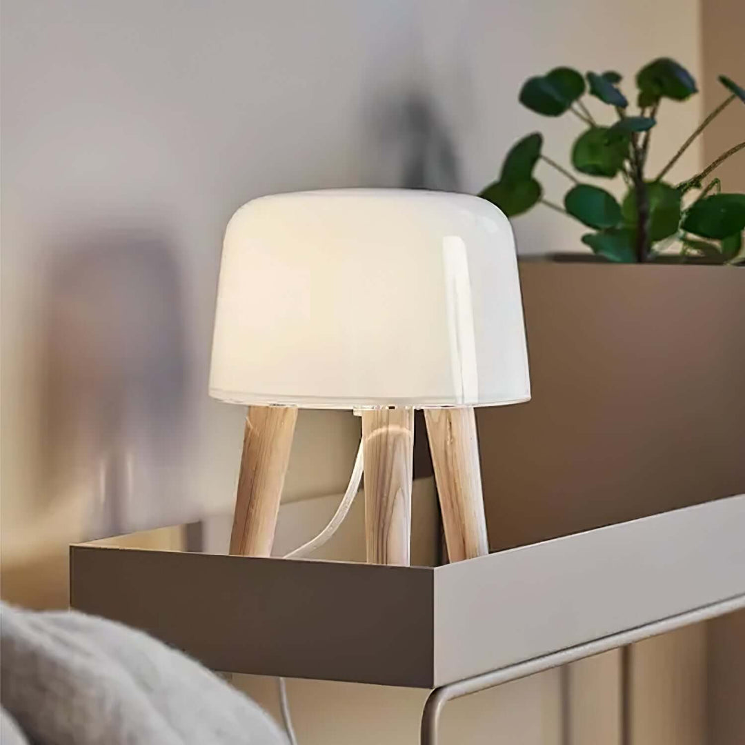 Wooden Tripod Table Lamp with Glass Shade