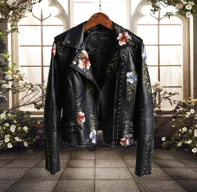 Women's Floral PU Leather Jacket