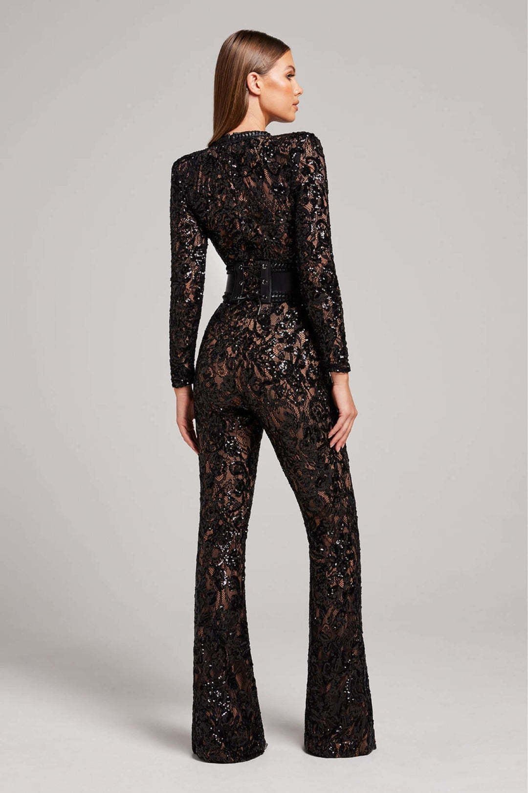Sequin Lace Jumpsuit - Long Sleeve - Fitted