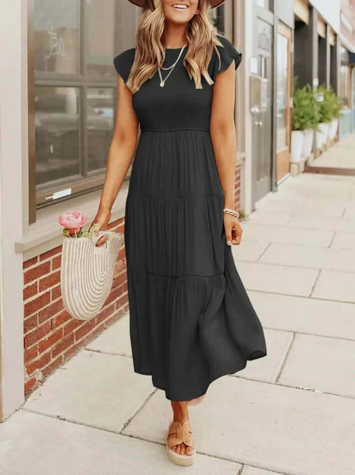Women's Pleated Midi Dress with Flying Sleeves
