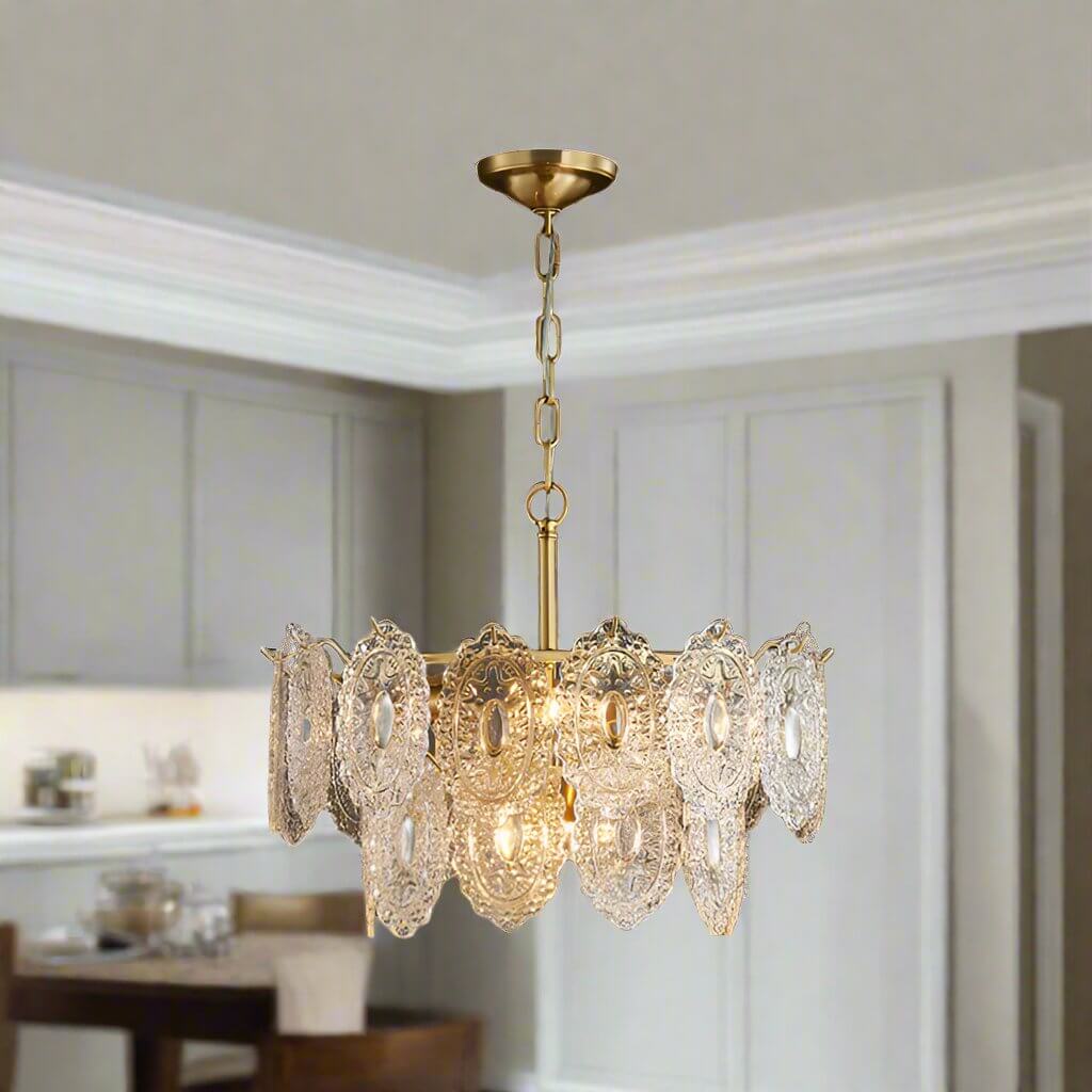 Crystal Panel Chandelier, Embossed Lighting Fixture