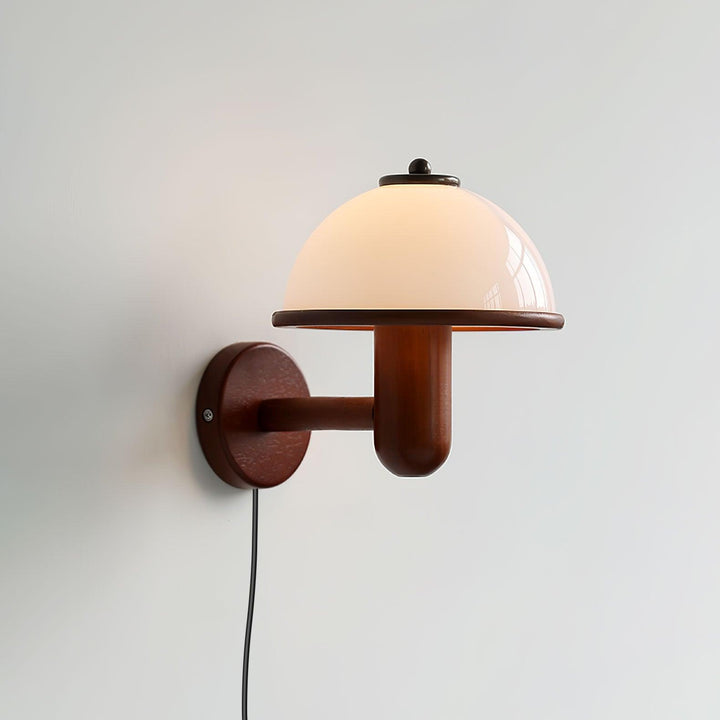 Oak Wood Mushroom Wall Light with White Shade