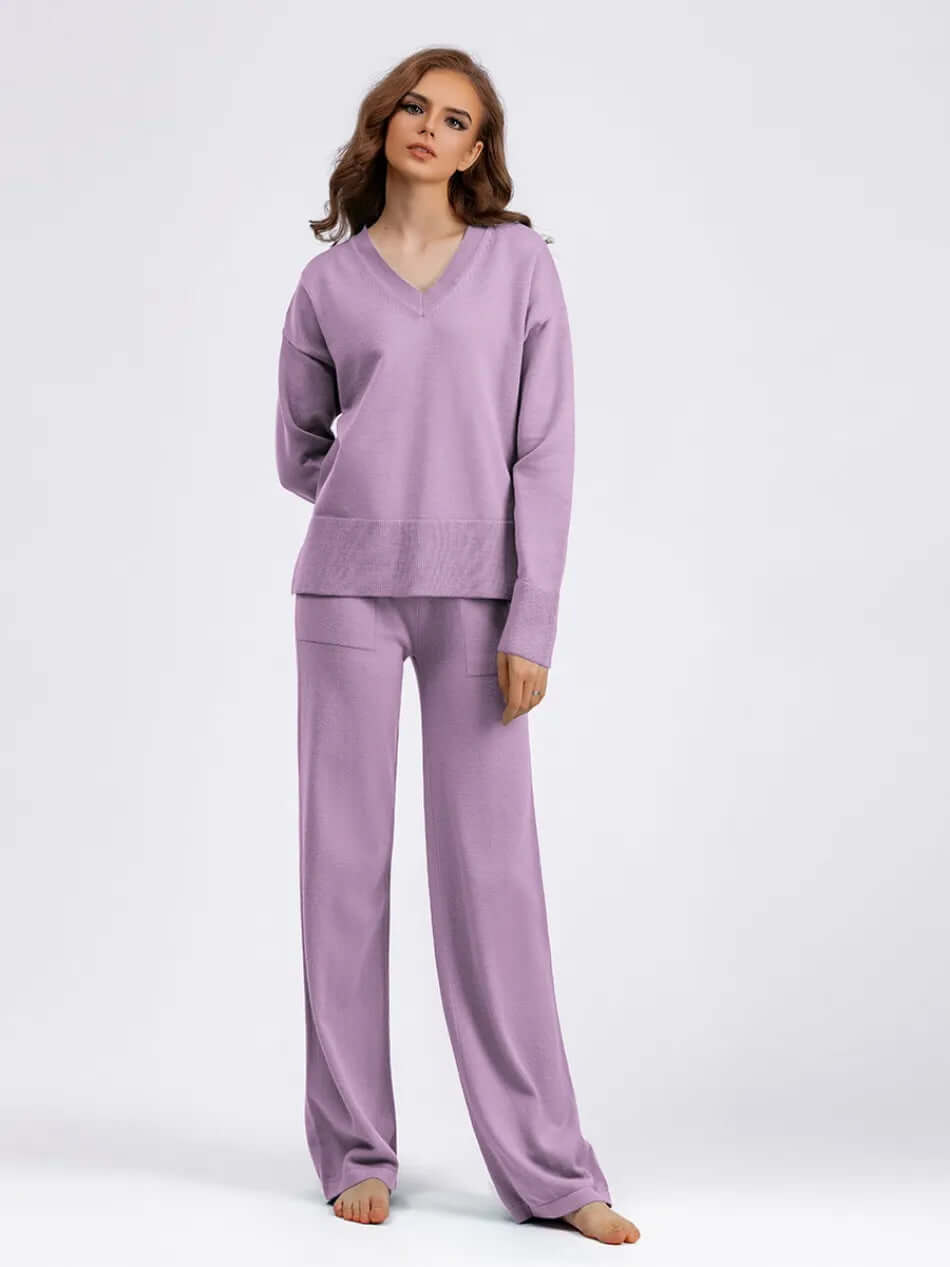 Women's V-Neck Sweater and Wide-Leg Trousers Set