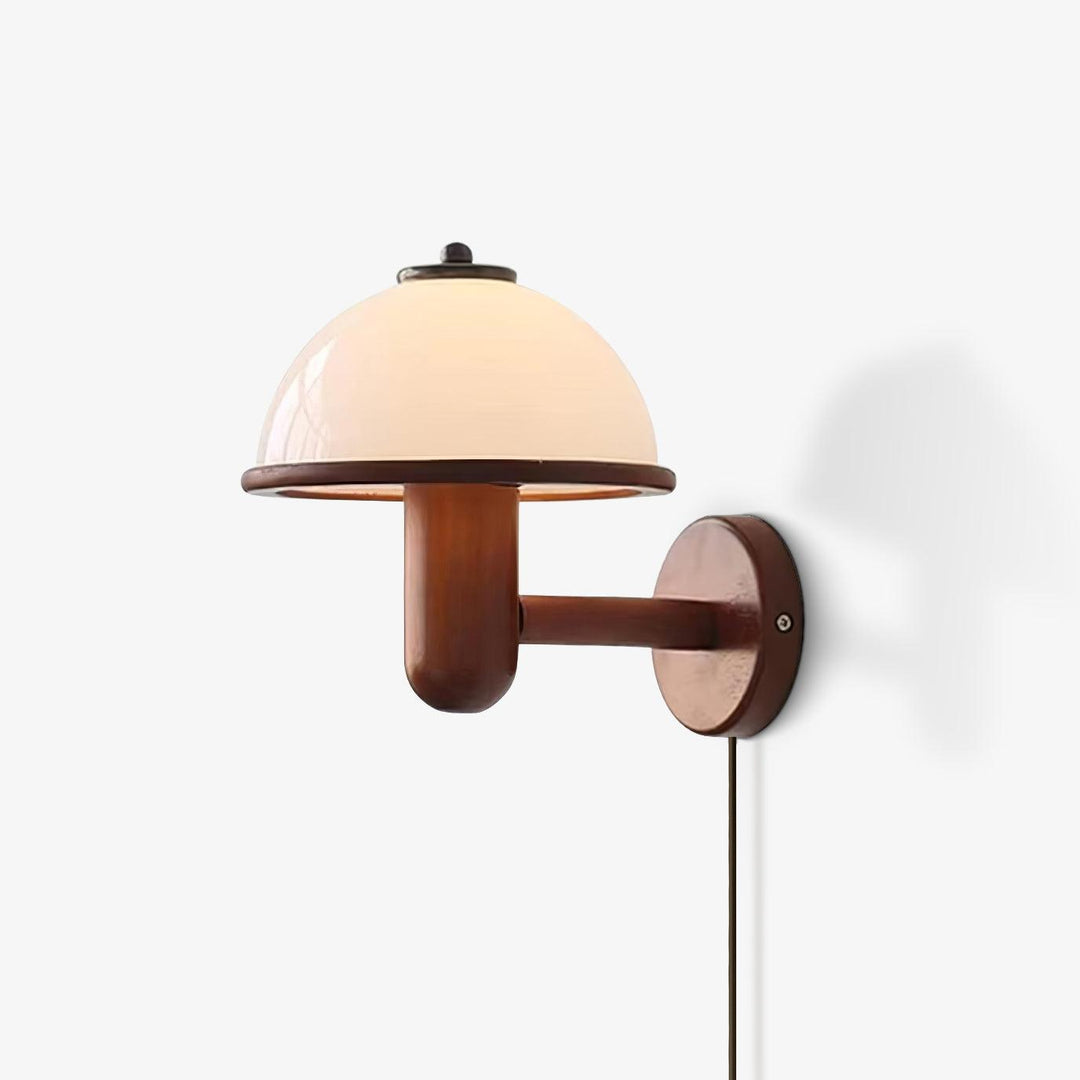 Oak Wood Mushroom Wall Light with White Shade