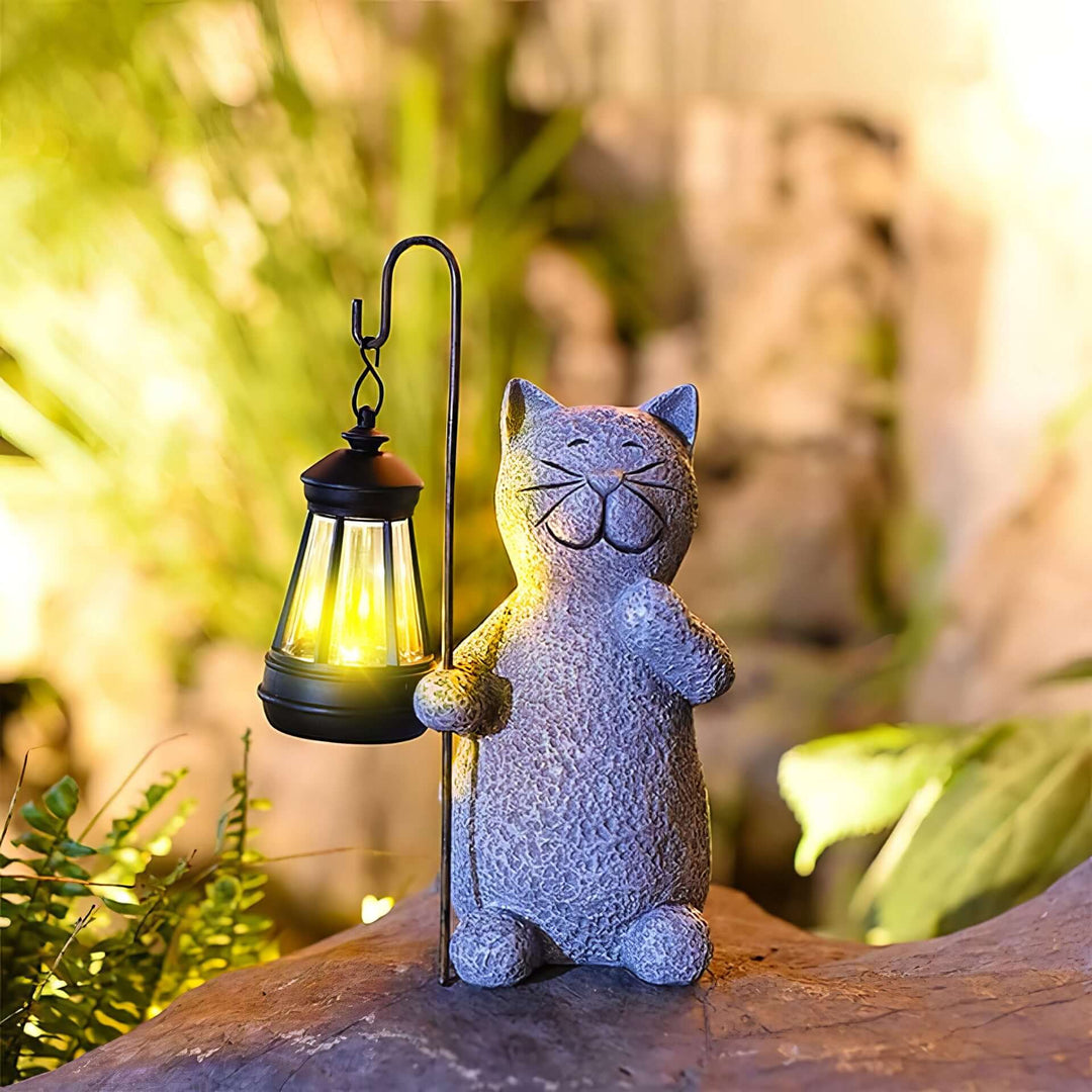 Solar Resin Cat Garden Statue with Golden Light