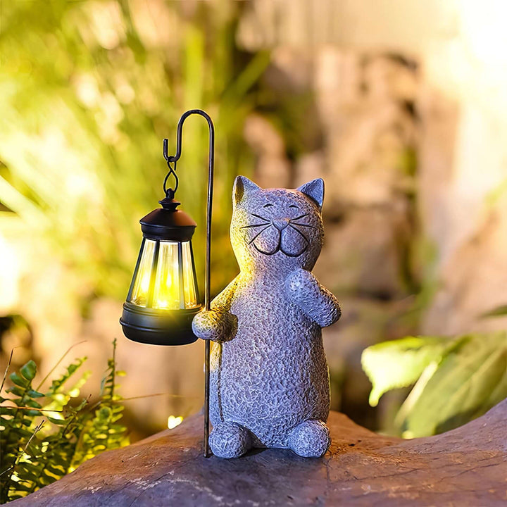 Solar Resin Cat Garden Statue with Golden Light