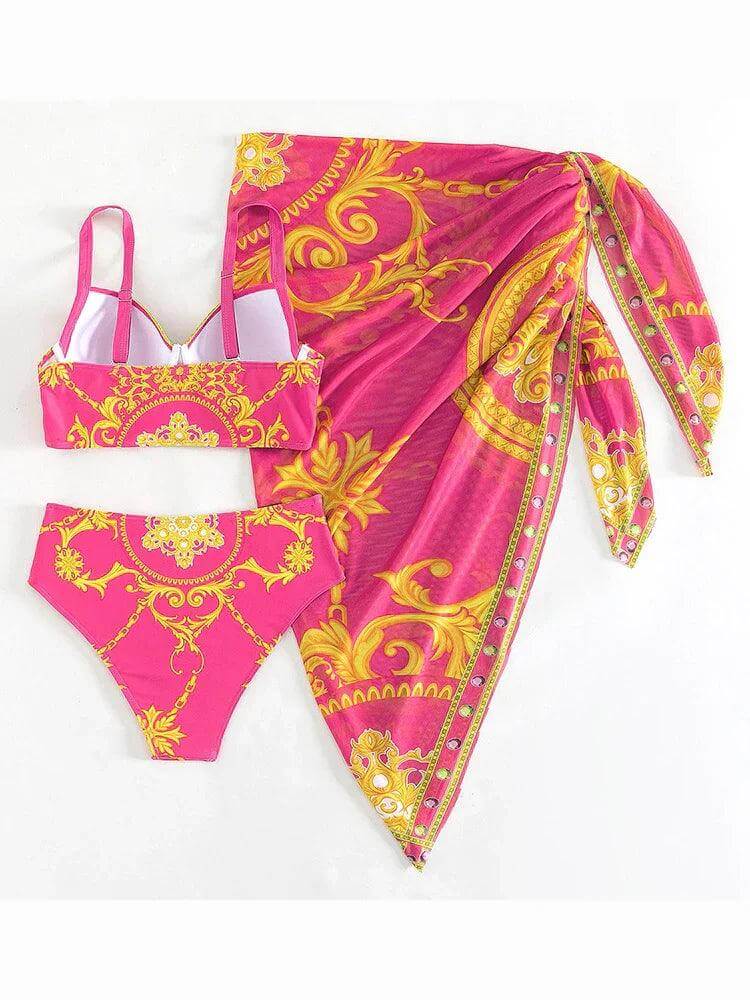 Women's High-Waisted Bohemian Bikini Set with Cover-Up
