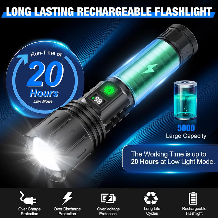 "100000 lumen tactical flashlight with LED, sturdy black aluminum body, LCD power display, ideal for outdoor use."