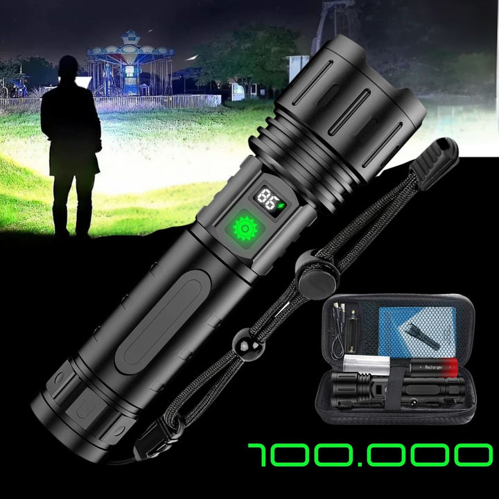 "100000 lumen tactical flashlight with LED, sturdy black aluminum body, LCD power display, ideal for outdoor use."