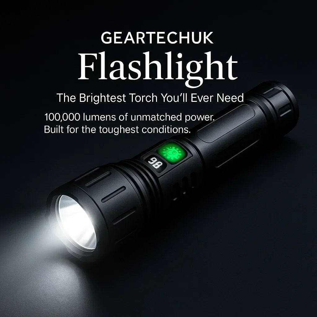"100000 lumen tactical flashlight with LED, sturdy black aluminum body, LCD power display, ideal for outdoor use."