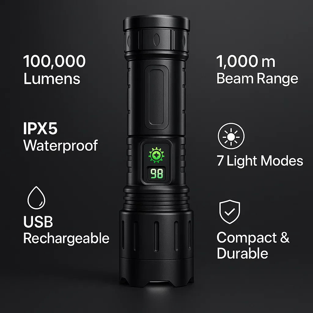 "100000 lumen tactical flashlight with LED, sturdy black aluminum body, LCD power display, ideal for outdoor use."