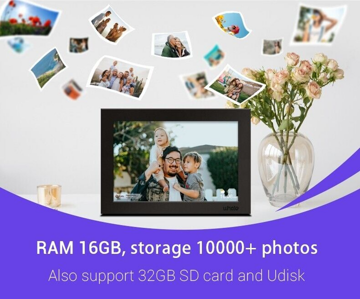 10.1-Inch WiFi digital photo frame with HD touchscreen, displaying vivid family photos, ideal for home decor and connectivity