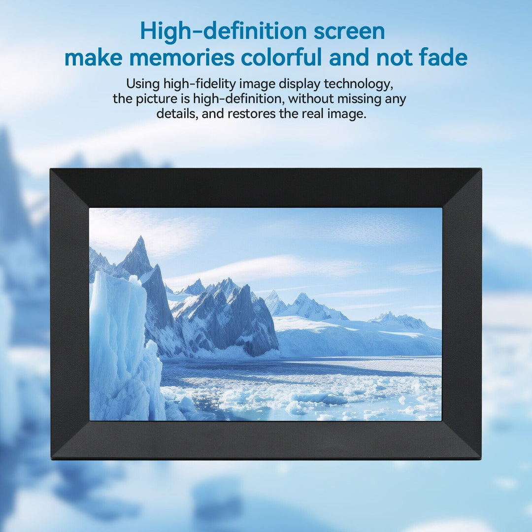 10.1-Inch WiFi digital photo frame with HD touchscreen, displaying vivid family photos, ideal for home decor and connectivity