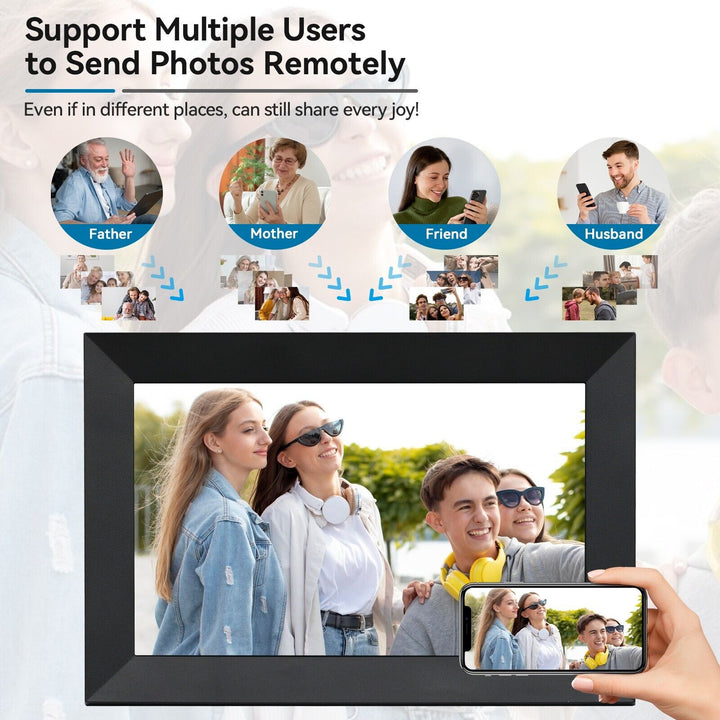 10.1-Inch WiFi digital photo frame with HD touchscreen, displaying vivid family photos, ideal for home decor and connectivity