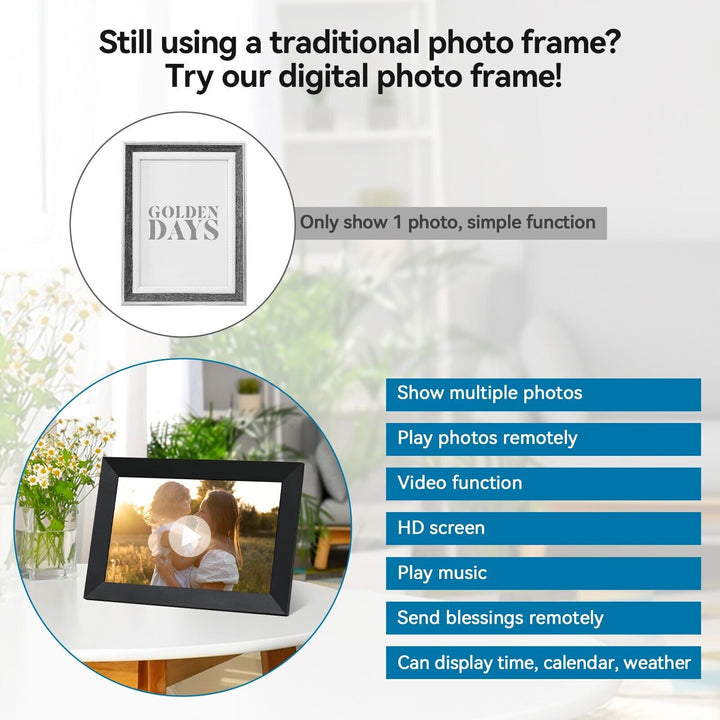 10.1-Inch WiFi digital photo frame with HD touchscreen, displaying vivid family photos, ideal for home decor and connectivity