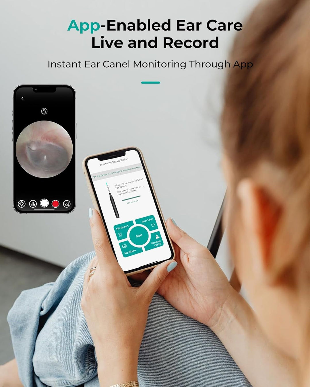 "1080P HD wireless ear camera with LED lights, ergonomic design for adults and kids, shown in close-up view."