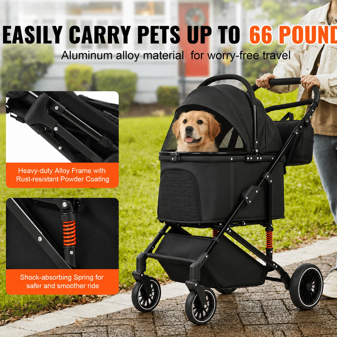 Easy-Fold Dog Stroller with Detachable Basket for Small Dogs