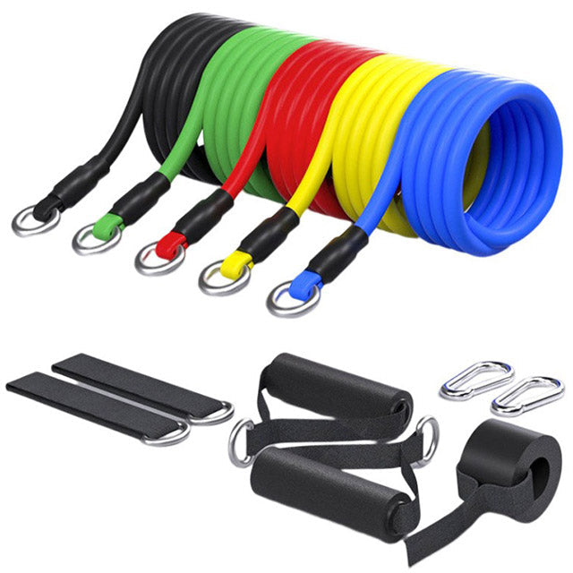 "11-piece unisex resistance bands set in vibrant colors, includes handles and straps, perfect for all fitness levels."
