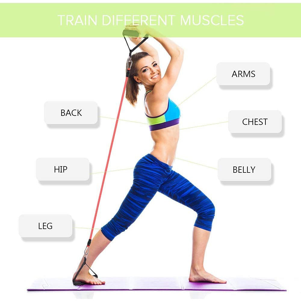 "11-piece unisex resistance bands set in vibrant colors, includes handles and straps, perfect for all fitness levels."