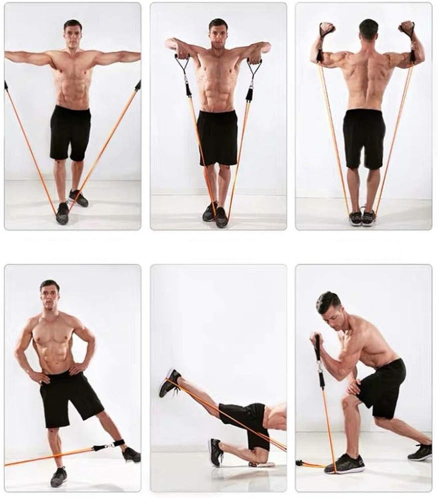 "11-piece unisex resistance bands set in vibrant colors, includes handles and straps, perfect for all fitness levels."