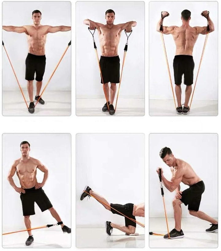 "11-piece unisex resistance bands set in vibrant colors, includes handles and straps, perfect for all fitness levels."