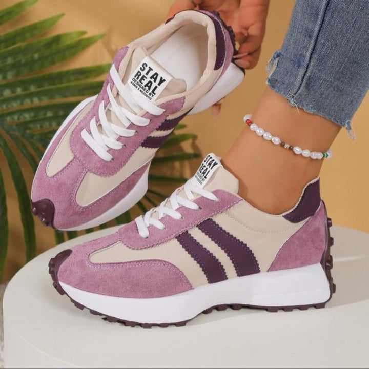 Full length shot: Women's orthopedic platform sneakers, retro chunky lace-up design, ideal for modern casual looks.