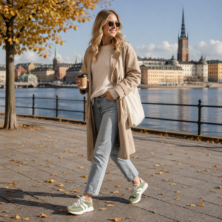 Side view of women's chunky platform sneakers. Retro lace-up trainers with orthopedic support for fashion & comfort.