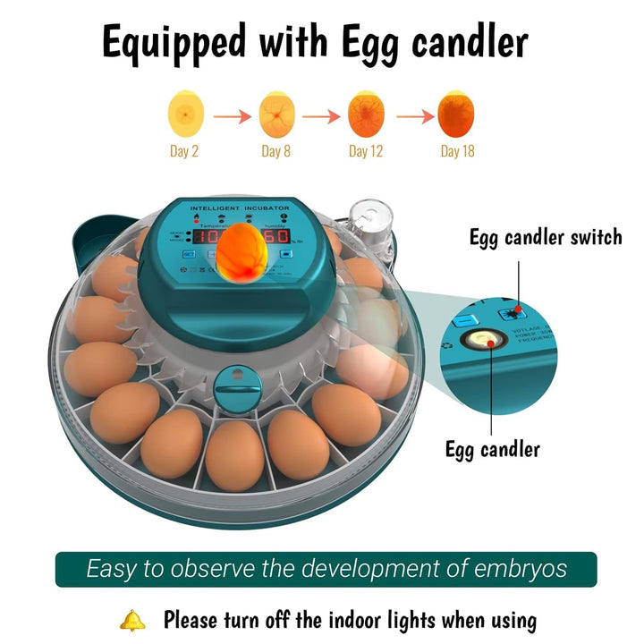 15 egg incubator with auto humidity and candler, showing a clear lid and digital display for easy monitoring and control.