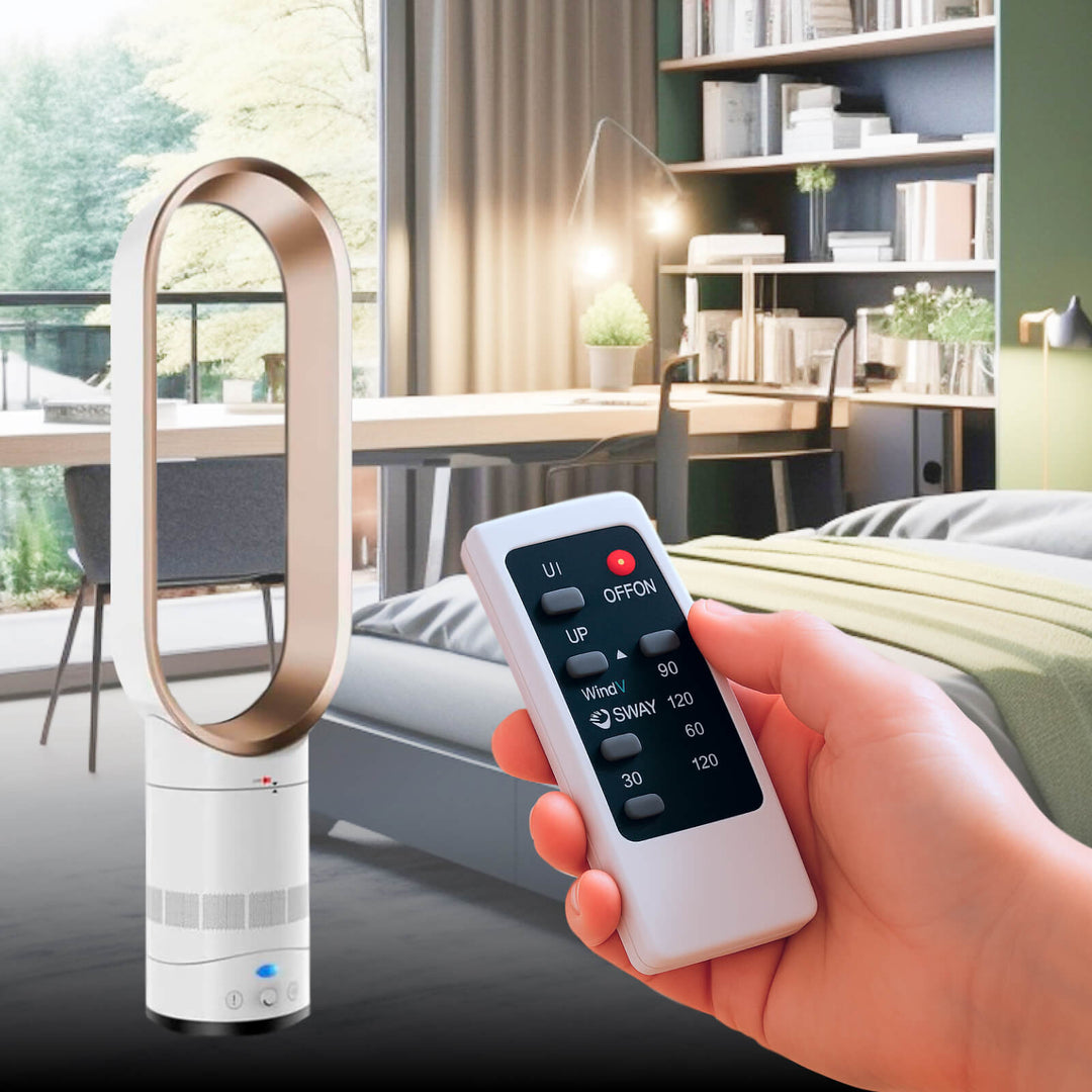 "16 Inch bladeless fan with remote, elegant bladeless design, safe for homes with kids and pets, modern home decor"