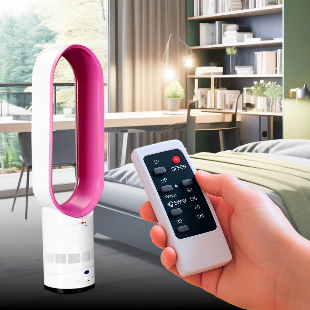 "16 Inch bladeless fan with remote, elegant bladeless design, safe for homes with kids and pets, modern home decor"