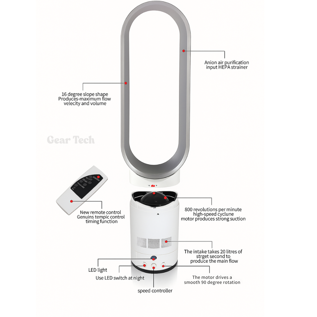 "16 Inch bladeless fan with remote, elegant bladeless design, safe for homes with kids and pets, modern home decor"