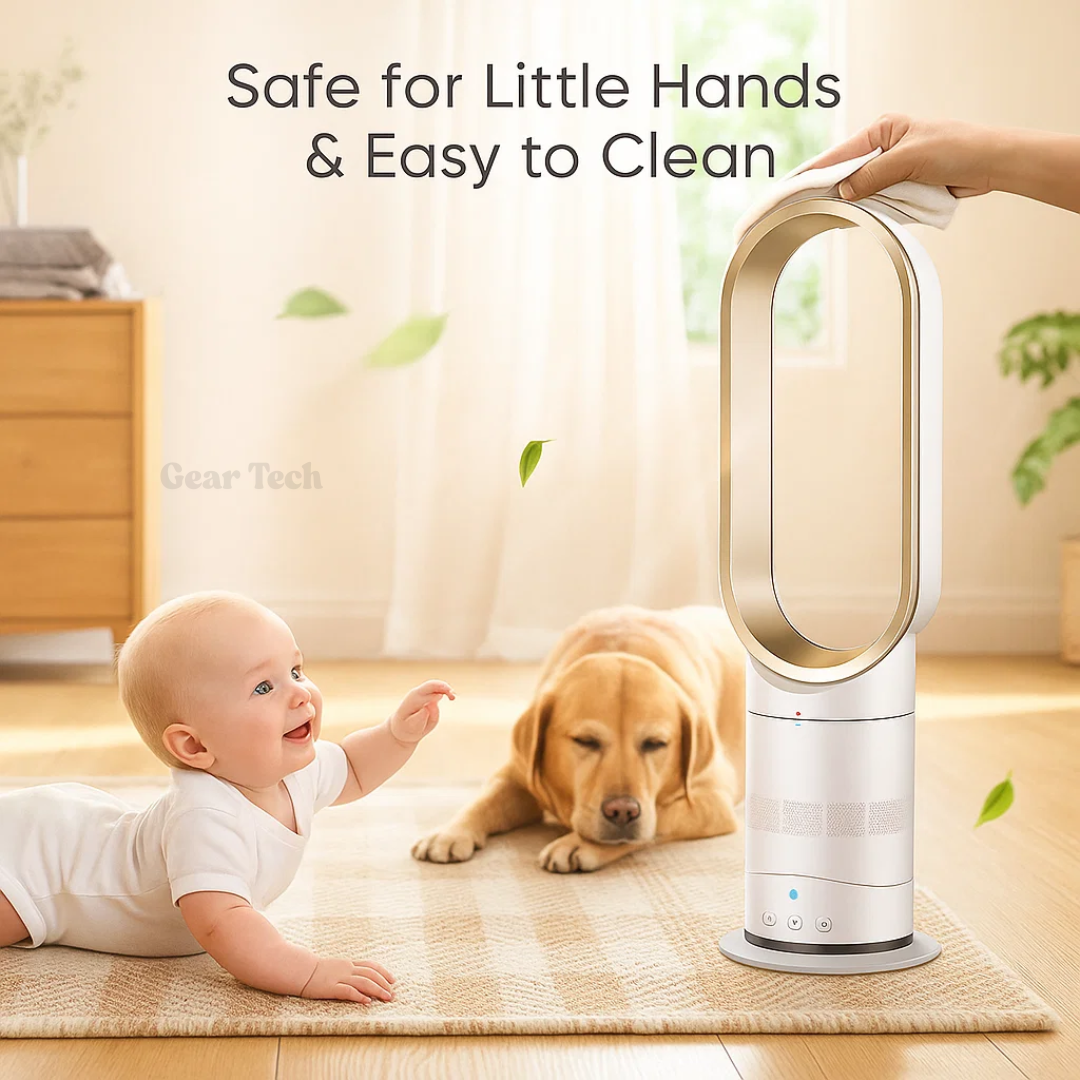 "16 Inch bladeless fan with remote, elegant bladeless design, safe for homes with kids and pets, modern home decor"