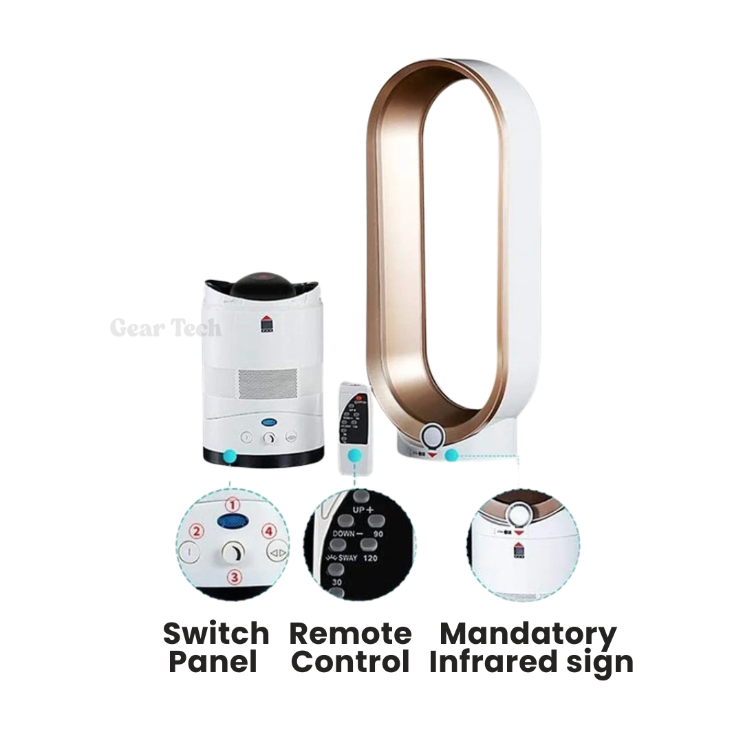 "16 Inch bladeless fan with remote, elegant bladeless design, safe for homes with kids and pets, modern home decor"