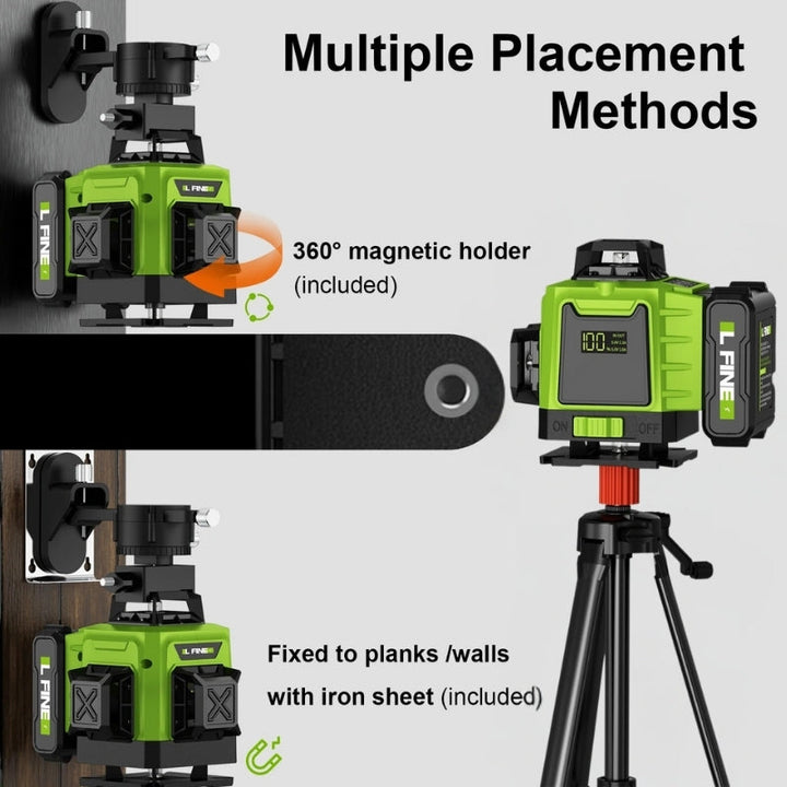 "16-line 4D laser level with 360° beams for precision measurements, IP54 rated, shown with battery and remote control."