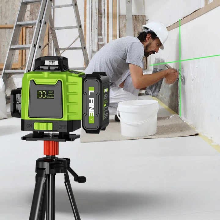 "16-line 4D laser level with 360° beams for precision measurements, IP54 rated, shown with battery and remote control."