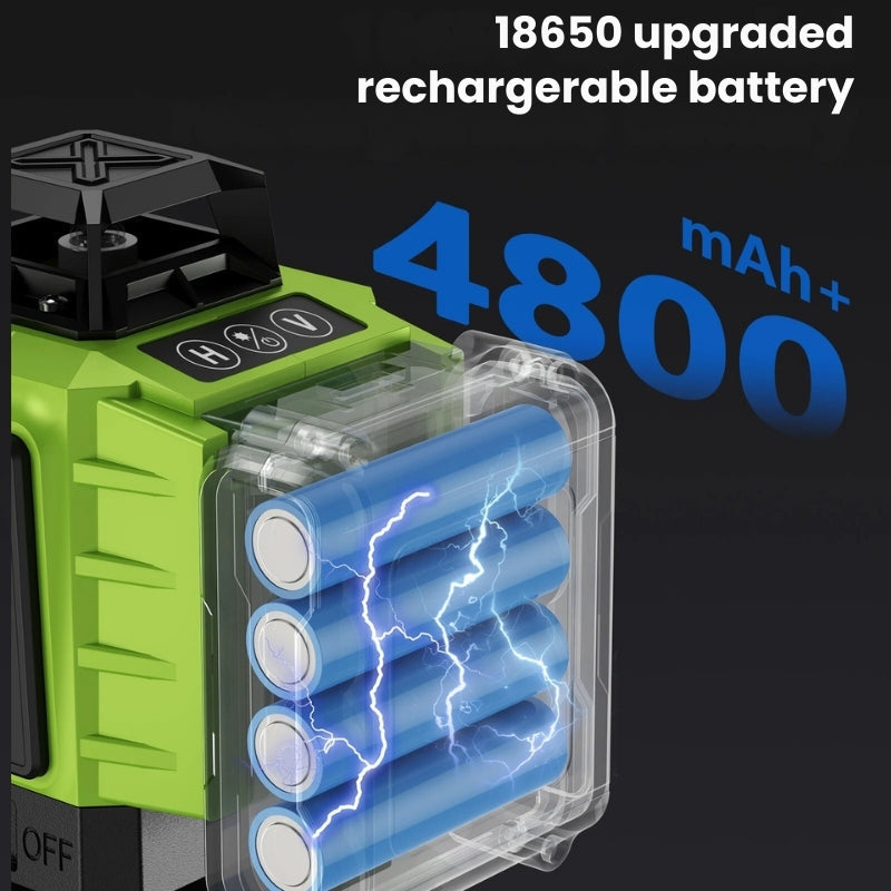 "16-line 4D laser level with 360° beams for precision measurements, IP54 rated, shown with battery and remote control."