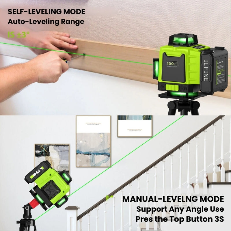 "16-line 4D laser level with 360° beams for precision measurements, IP54 rated, shown with battery and remote control."