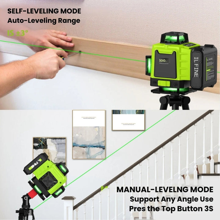 "16-line 4D laser level with 360° beams for precision measurements, IP54 rated, shown with battery and remote control."