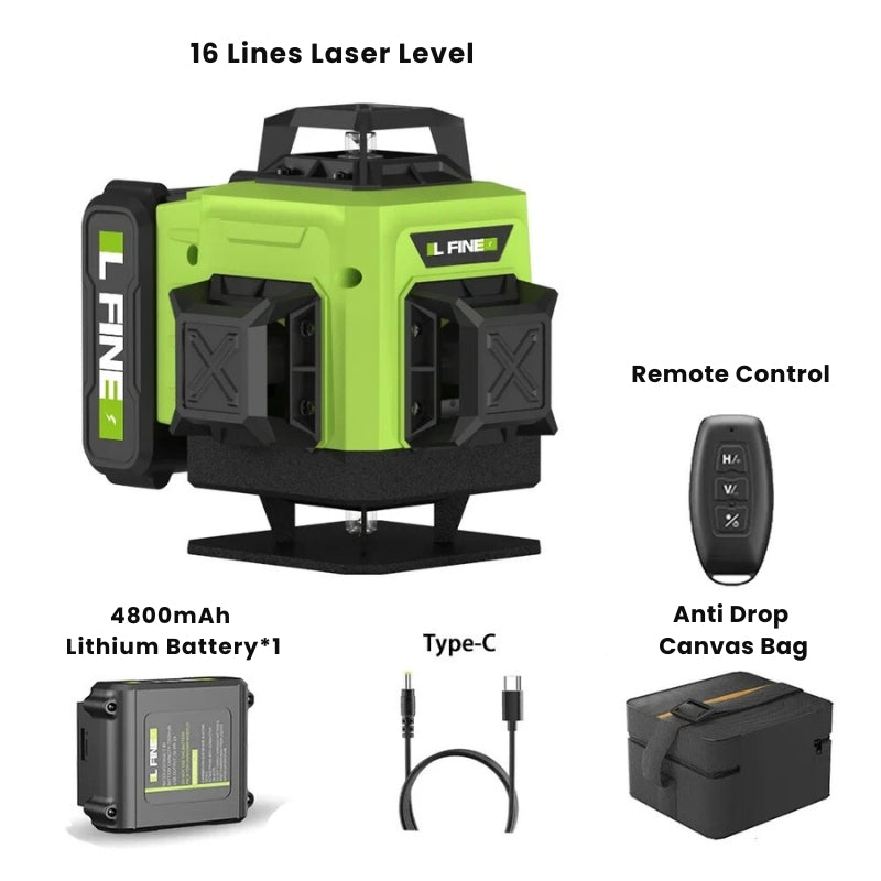"16-line 4D laser level with 360° beams for precision measurements, IP54 rated, shown with battery and remote control."