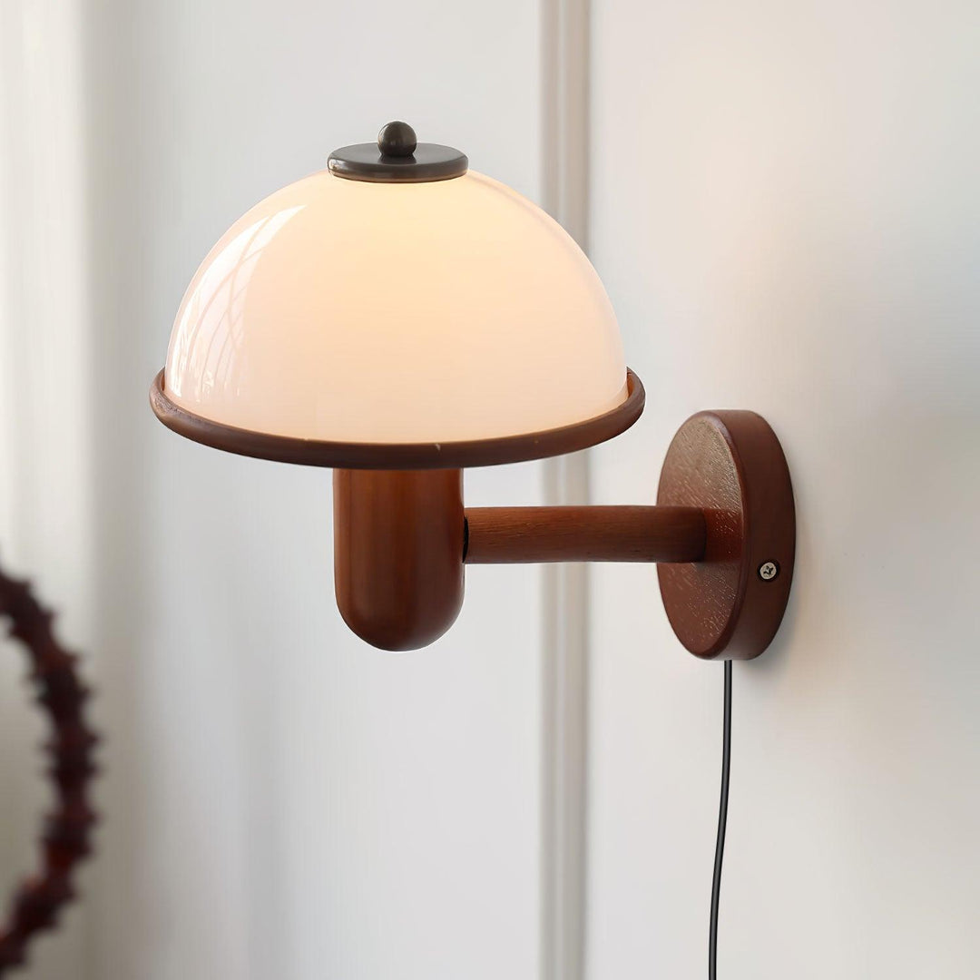 Oak Wood Mushroom Wall Light with White Shade