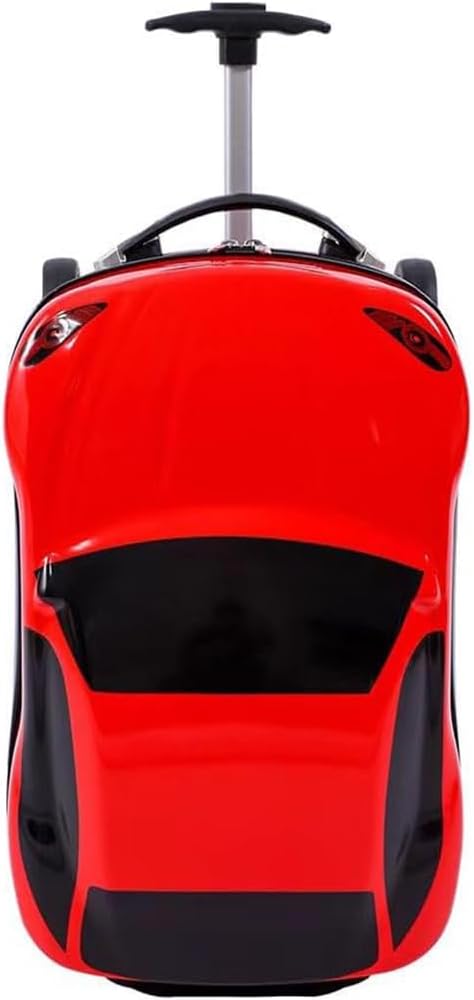 18" red car pull-along suitcase for kids, hardshell design with retractable handle, perfect children's travel gear.