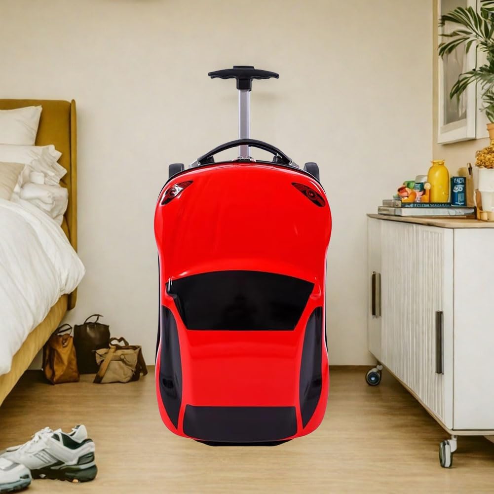Durable 18" hardshell car suitcase for kids, pull-along travel luggage with a sturdy retractable handle.