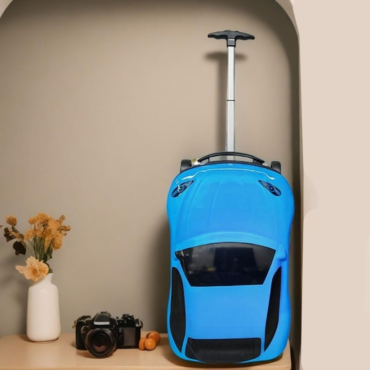 Kids' 18" car suitcase with a smooth retractable handle, ideal pull-along travel luggage for young adventurers.
