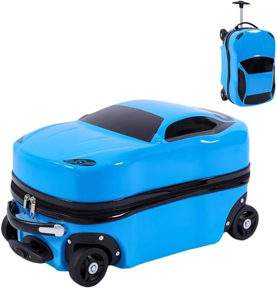 Child-friendly 18" car-themed pull-along suitcase, durable hardshell travel luggage with a retractable handle.
