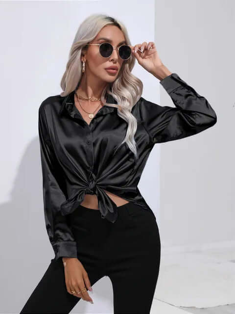 Women's Satin Loose Fit Long Sleeve Blouse